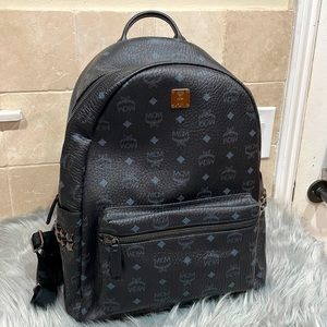 MCM Large Visetos Studded Coated Canvas Black and Gray Backpack Authentic w/COA